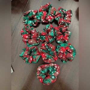 Festive Red and Green Snowflake Scrunchies Set of 10
